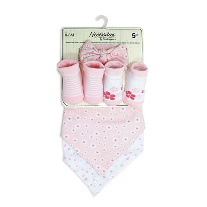 <p>This super cute 5 piece set includes a flower patterned headband, 2 bandana bibs and 2 pairs of pink/white stripes and flowery patterned socks. Perfect for ages 0-6months.</p> <p>Headband: 100% Cotton</p> <p>Bibs: Front 100% Cotton, Back:65% Cotton/35% Polyester</p> <p>Socks: 72% Cotton/26% Nylon/2% Spandex</p>