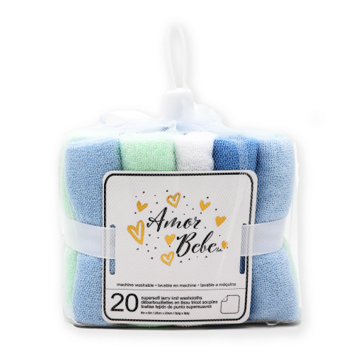 Amor Bebe 20 Pack Supersoft Terry Knit blue Washcloths. 100% Polyester 8” x 8”