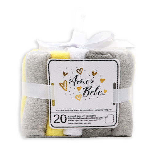 Amor Bebe 20 Pack Grey Washcloths. Made of super soft terry knit 100% polyester, these washcloths are gentle on your baby's skin. 8” x 8”   