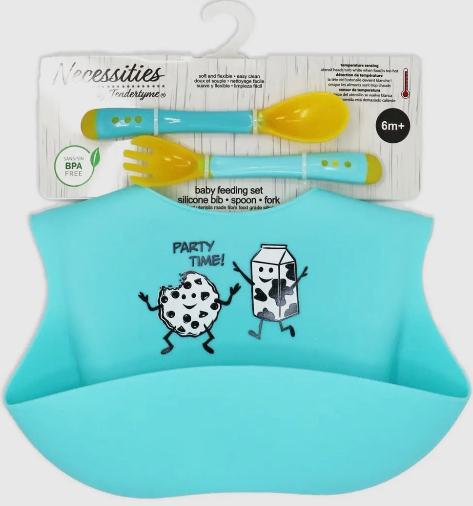 Silicone Bib Feeding set features a durable silicone bib with a built in food catcher, plus a matching fork and spoon designed for small hands- easy grip and gentle on gums. This easy to clean, BPA free design makes this set a practical and stylish choice for babies and toddlers. 6months+. 100% Silicone