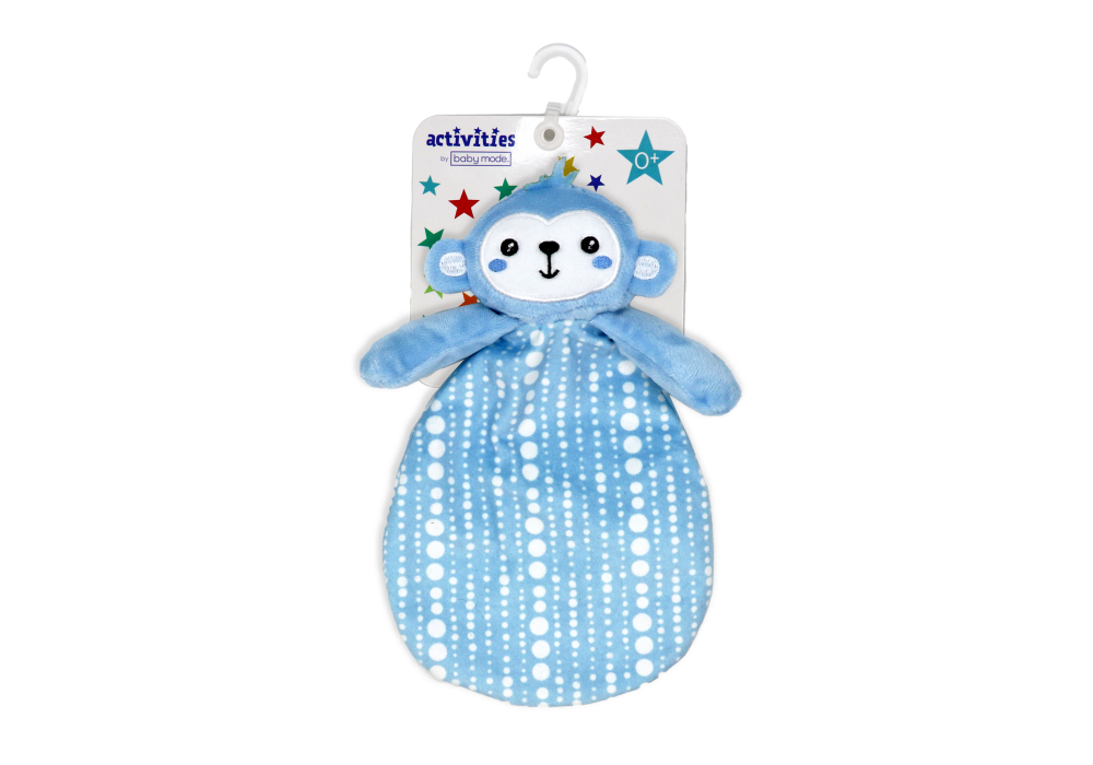 Activities by Baby Mode blue monkey crinkle toy is perfect for reaching, pulling and squeezing. It is a must have for sensory play, providing your little one with a comforting and calming effect.  100% polyester  Ages: 0 months+