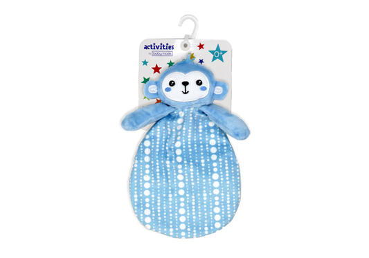 Activities by Baby Mode blue monkey crinkle toy is perfect for reaching, pulling and squeezing. It is a must have for sensory play, providing your little one with a comforting and calming effect.  100% polyester  Ages: 0 months+