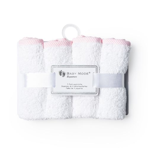 Baby Mode Signature Solid Washcloths. 100% cotton washcloth with pink striped trim. 10” x 10”