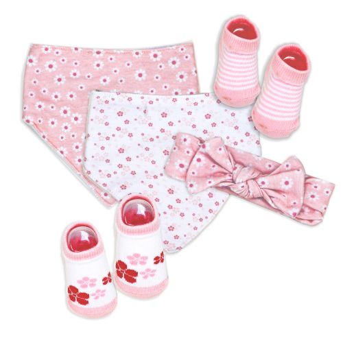 This super cute 5 piece set includes a flower patterned headband, 2 bandana bibs and 2 pairs of pink/white stripes and flowery patterned socks. Perfect for ages 0-6months. Headband: 100% Cotton Bibs: Front 100% Cotton, Back:65% Cotton/35% Polyester Socks: 72% Cotton/26% Nylon/2% Spandex