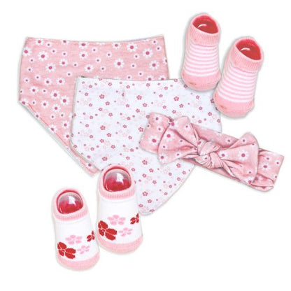 This super cute 5 piece set includes a flower patterned headband, 2 bandana bibs and 2 pairs of pink/white stripes and flowery patterned socks. Perfect for ages 0-6months. Headband: 100% Cotton Bibs: Front 100% Cotton, Back:65% Cotton/35% Polyester Socks: 72% Cotton/26% Nylon/2% Spandex