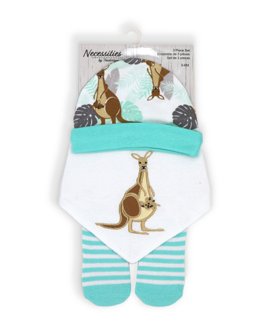 <p><span>Gift the ultimate comfort with Tendertyme's 3-Piece Kangaroo Set. Includes a cozy cap, soft bib, and warm socks. Ideal for 0-6months.</span></p> <p><span>Set includes: Hat, Bib &amp; Sock set&nbsp;</span></p> <p><span>Hat- 100% Cotton</span></p> <p><span>Bib Front 100% cotton, Bib Backing: 80% cotton, 20% Polyester</span></p> <p><span>Socks: 75% Cotton/23% Polyester/2%Spandex</span></p>