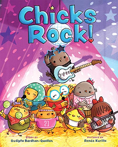 CHICKS ROCK! Rocker Chick loves to jam out alone in her room. She strums her guitar and belts into her tailfeather brush. But she’s too chicken to perform for a crowd. When she’s invited to play a big show at the local barn, Rocker Chick isn’t sure she’s brave enough to take the stage. Thankfully, her peeps have her back. Performing Arts. Girls & Women. Animals. Children Fiction. Ages: 4-8 years old.