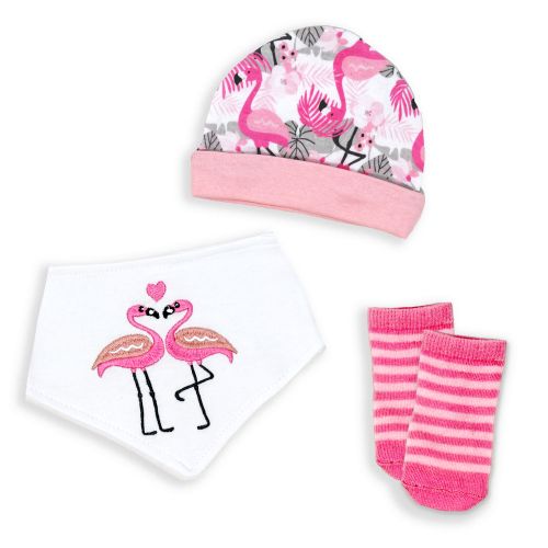 Gift the ultimate comfort with Tendertyme's 3-Piece Flamingo Set. Includes a cozy cap, soft bib, and warm socks. Ideal for 0-6months. Set includes: Hat, Bib & Sock set & Hat- 100% Cotton/Bib Front 100% cotton, Bib Backing: 80% cotton, 20% Polyester/Socks: 75% Cotton/23% Polyester/2%Spandex