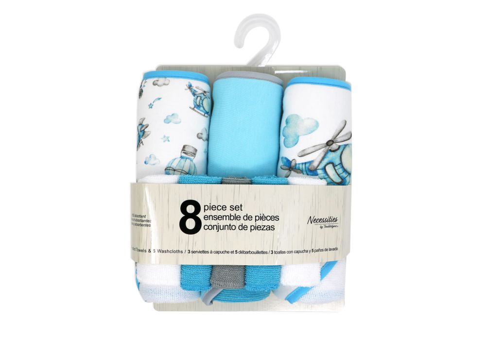 Indulge your baby in the ultimate bath time experience with the 8 piece bath set, 3 hooded towels and 5 washcloths.  Necessities by Tendertyme brand.  100% Polyester   