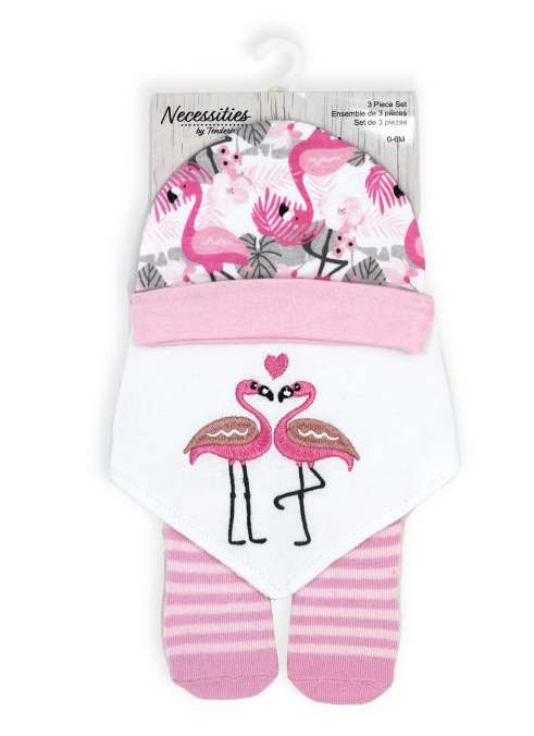 <p><span>Gift the ultimate comfort with Tendertyme's 3-Piece Flamingo Set. Includes a cozy cap, soft bib, and warm socks. Ideal for 0-6months.</span></p> <p><span>Set includes: Hat, Bib &amp; Sock set&nbsp;</span></p> <p><span>Hat- 100% Cotton</span></p> <p><span>Bib Front 100% cotton, Bib Backing: 80% cotton, 20% Polyester</span></p> <p><span>Socks: 75% Cotton/23% Polyester/2%Spandex</span></p>