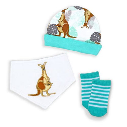 Gift the ultimate comfort with Tendertyme's 3-Piece Kangaroo Set. Includes a cozy cap, soft bib, and warm socks. Ideal for 0-6months. Set includes: Hat, Bib & Sock set Hat- 100% Cotton. Bib Front 100% cotton, Bib Backing: 80% cotton, 20% Polyester Socks: 75% Cotton/23% Polyester/2%Spandex