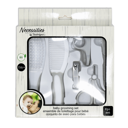 Discover Necessities by Tendertyme's Baby Grooming Set, a complete kit for your baby's grooming needs.   This 6 pc set Includes: Nail clipper & easy grip holder, scissors, nail file, comb, hair brush.  Shop now for essential care!