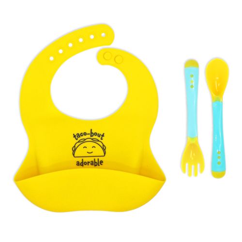 Silicone Bib Feeding set features a durable silicone bib with a built in food catcher, plus a matching fork and spoon designed for small hands-easy grip and gentle on gums. This easy to clean, BPA free design makes this set a practical and stylish choice for babies and toddlers. 6months+. 100% Silicone