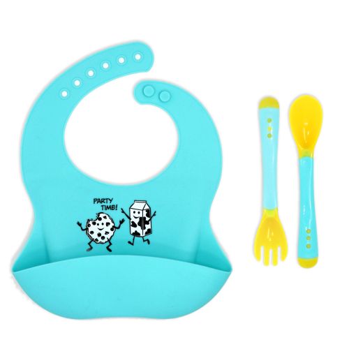 Silicone Bib Feeding set features a durable silicone bib with a built in food catcher, plus a matching fork and spoon designed for small hands- easy grip and gentle on gums. This easy to clean, BPA free design makes this set a practical and stylish choice for babies and toddlers. 6months+. 100% Silicone