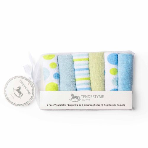 Tendertyme's 6-pack blue washcloths. Soft and durable in a convenient pack. Perfect for gentle cleansing and care routines for baby. Made of 80% cotton and 20% polyester. 9"x9"