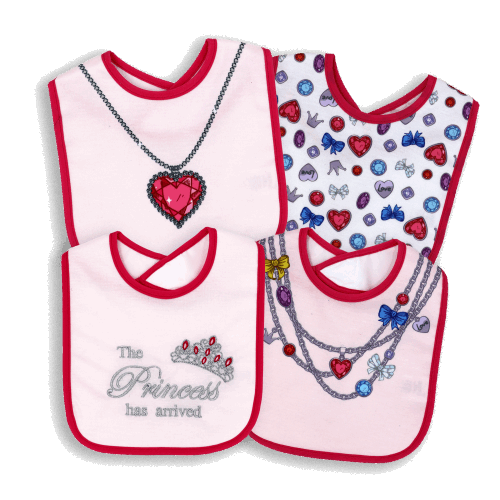 Discover Tendertyme's 4-pack Interlock Bibs with PEVA Backs, featuring 'The Princess' theme. Waterproof and stylish, perfect for your little one's mealtimes