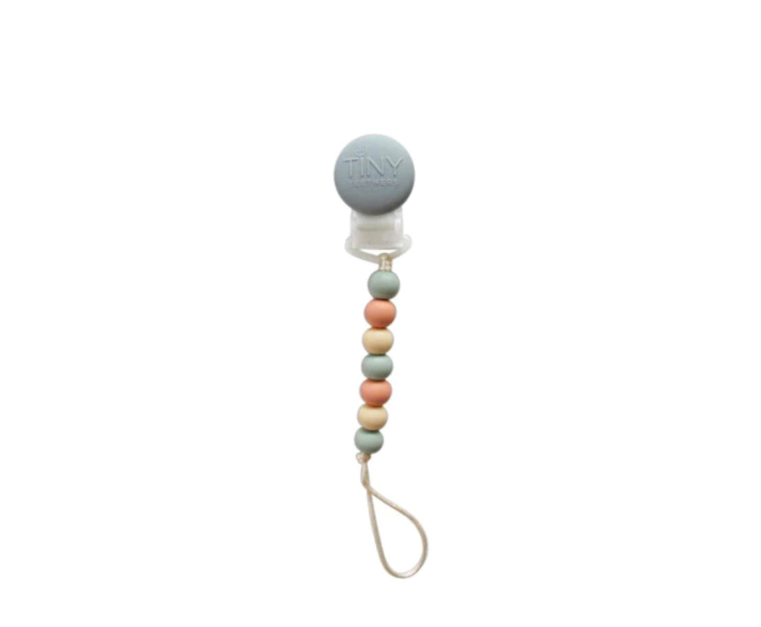 Keep pacifiers clean & secure with this award-winning clip & teether set! Food-grade silicone beads are safe for teething. Clips to baby's clothes to prevent loss. BPA-free. Easy to clean. Not dishwasher or sterilizer safe.