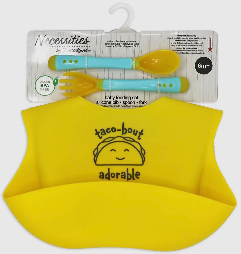 Silicone Bib Feeding set features a durable silicone bib with a built in food catcher, plus a matching fork and spoon designed for small hands-easy grip and gentle on gums. This easy to clean, BPA free design makes this set a practical and stylish choice for babies and toddlers. 6months+. 100% Silicone